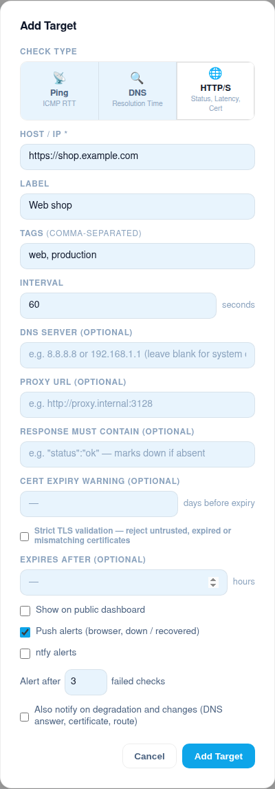 The Add Target dialog with HTTP/S selected